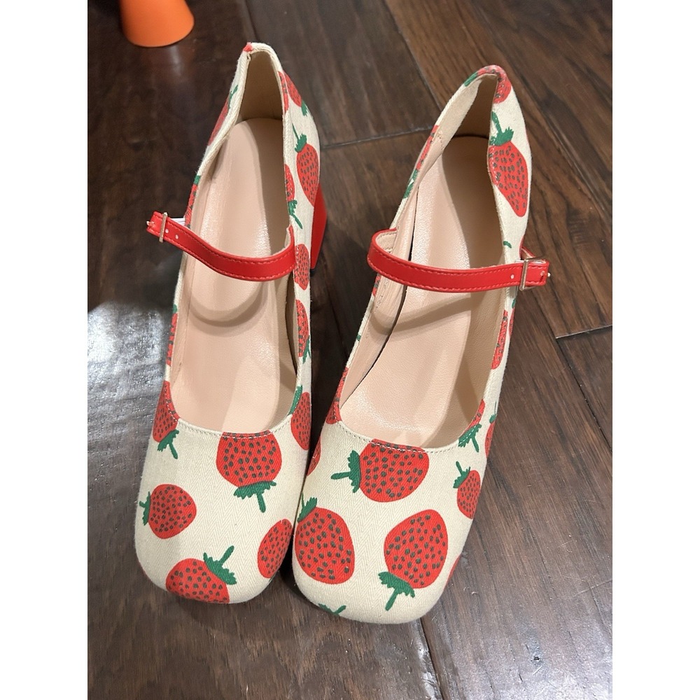 Strawberry Pattern Square Toe Chunky Heeled Mary Jane Pumps Sz 8 - Picture 4 of 12